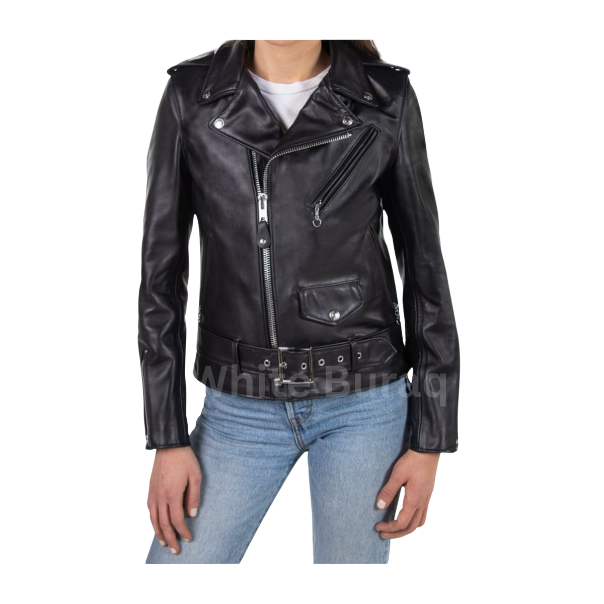 Women's Black Leather Biker Jacket with Lapel Collar