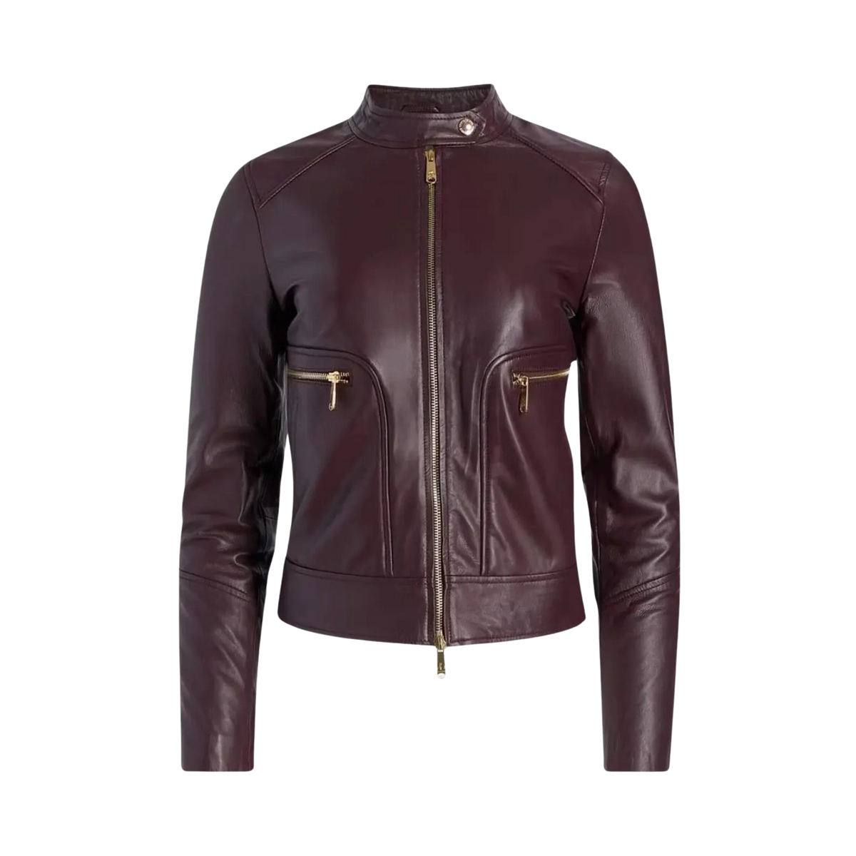 Women's Maroon Leather Biker Jacket with Snap-Tab Collar