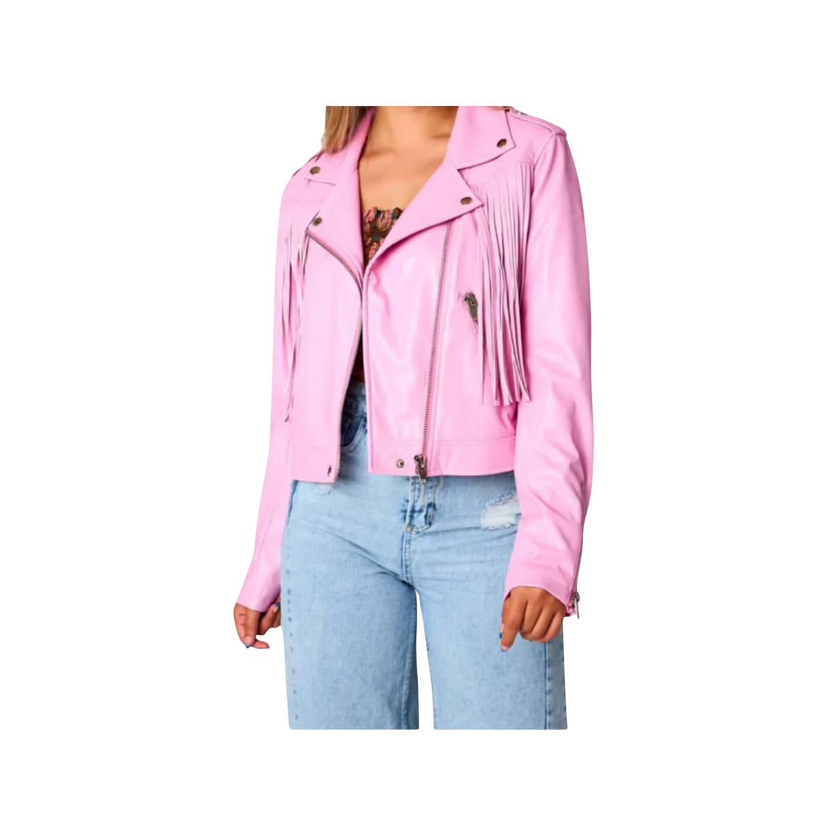 Women's Pink Leather Fringe Jacket