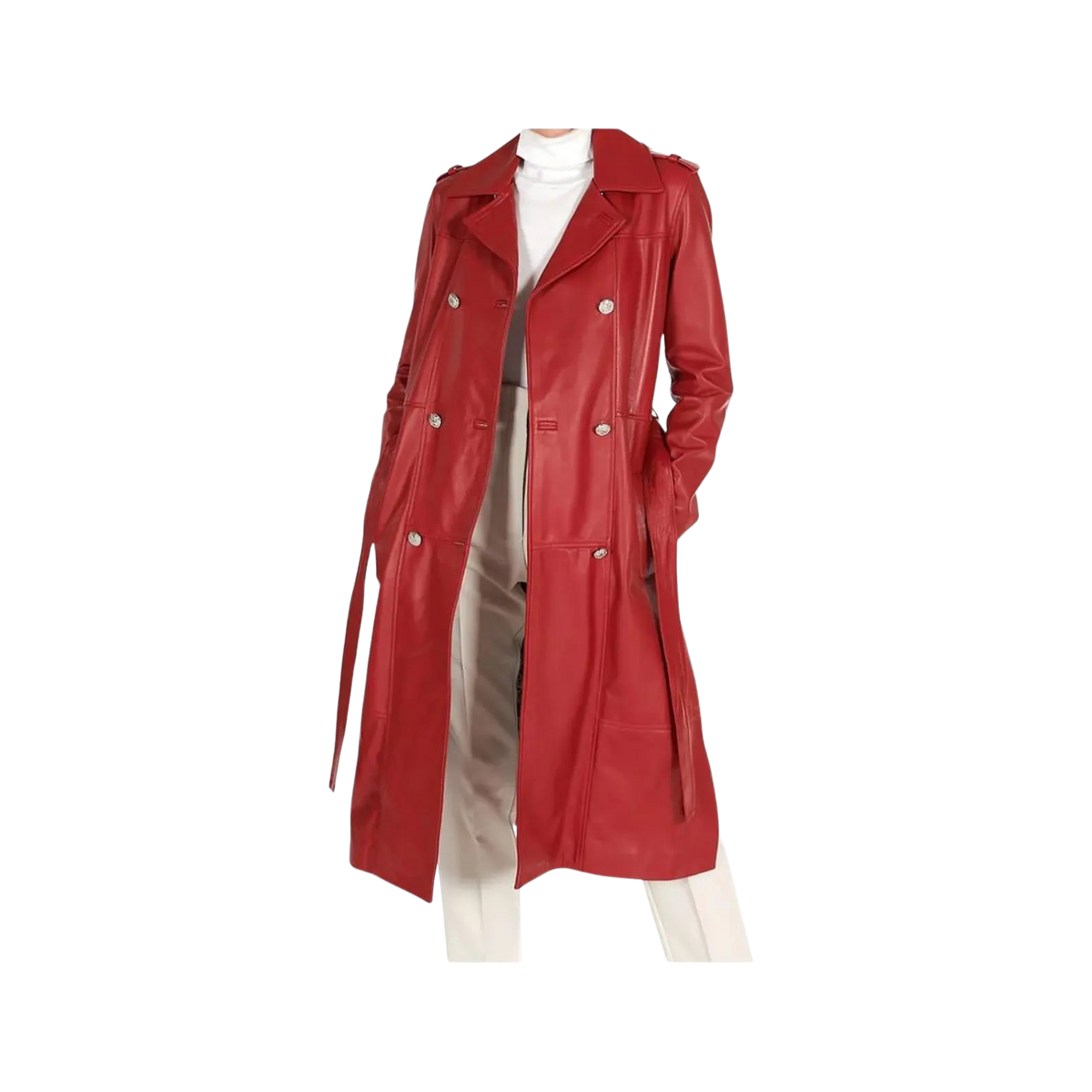 Women's Red Leather Double-Breasted Coat
