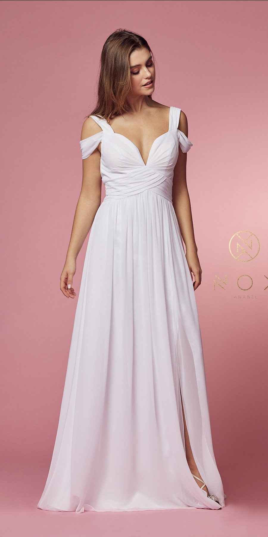 CLEARANCE - Nox Anabel Y277W Cold-Shoulder Long A-Line Chiffon Dress (Size L)