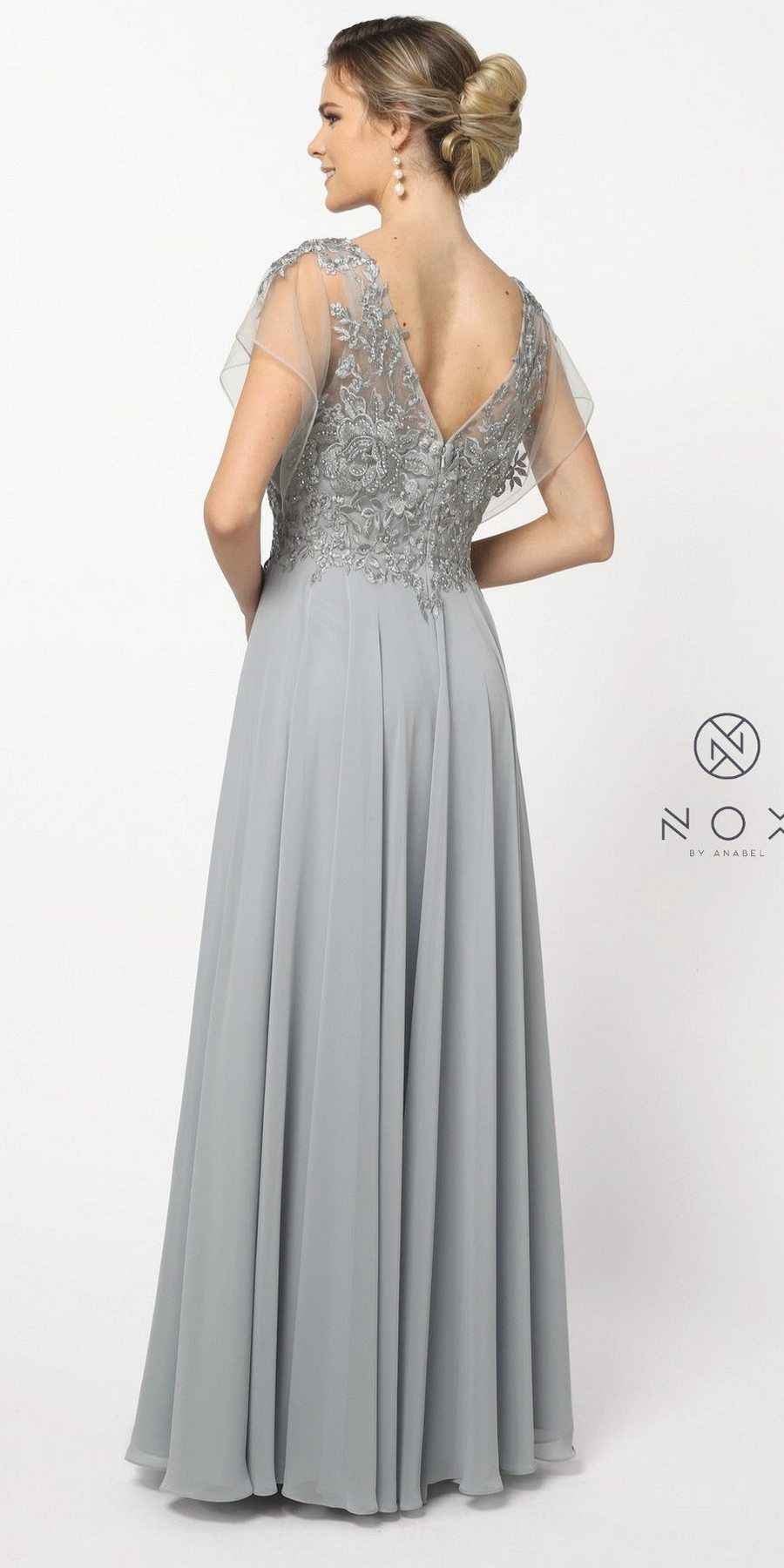 CLEARANCE - Nox Anabel Y526 Long V-Neck Silver Long Dress (Size 2XL)
