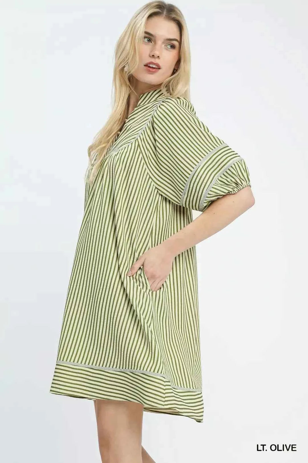 Umgee Striped Puff Sleeve Shift Dress