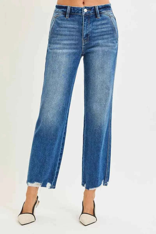 RISEN High Rise Ankle Straight Distressed Hem Detail Jeans