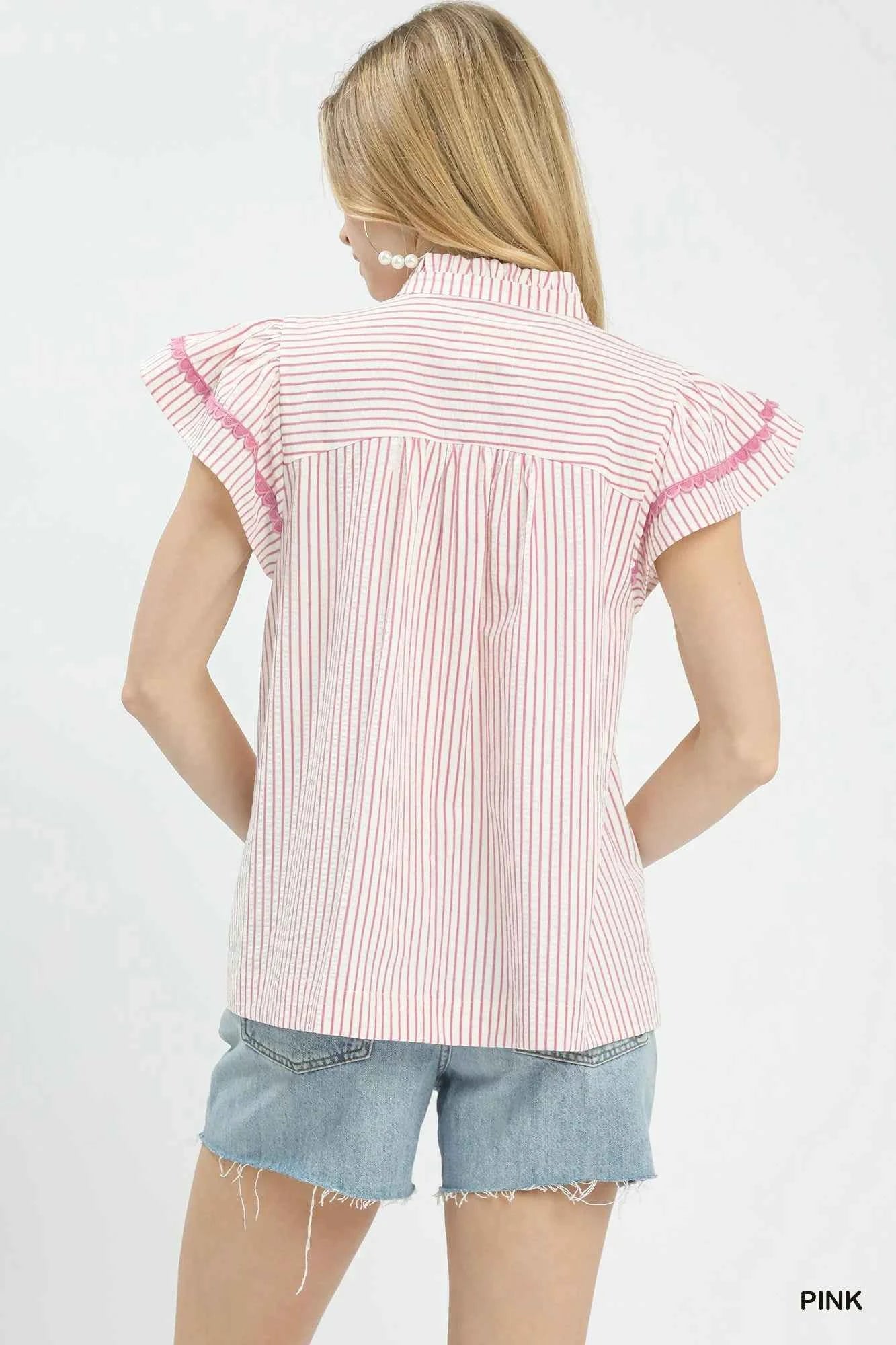 Umgee Striped Flutter Sleeve Top