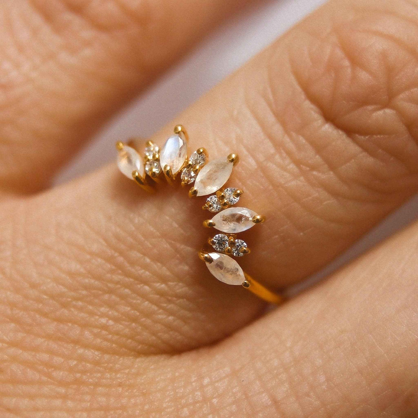 Rainbow Moonstone & Diamond Sunrise Arc Ring