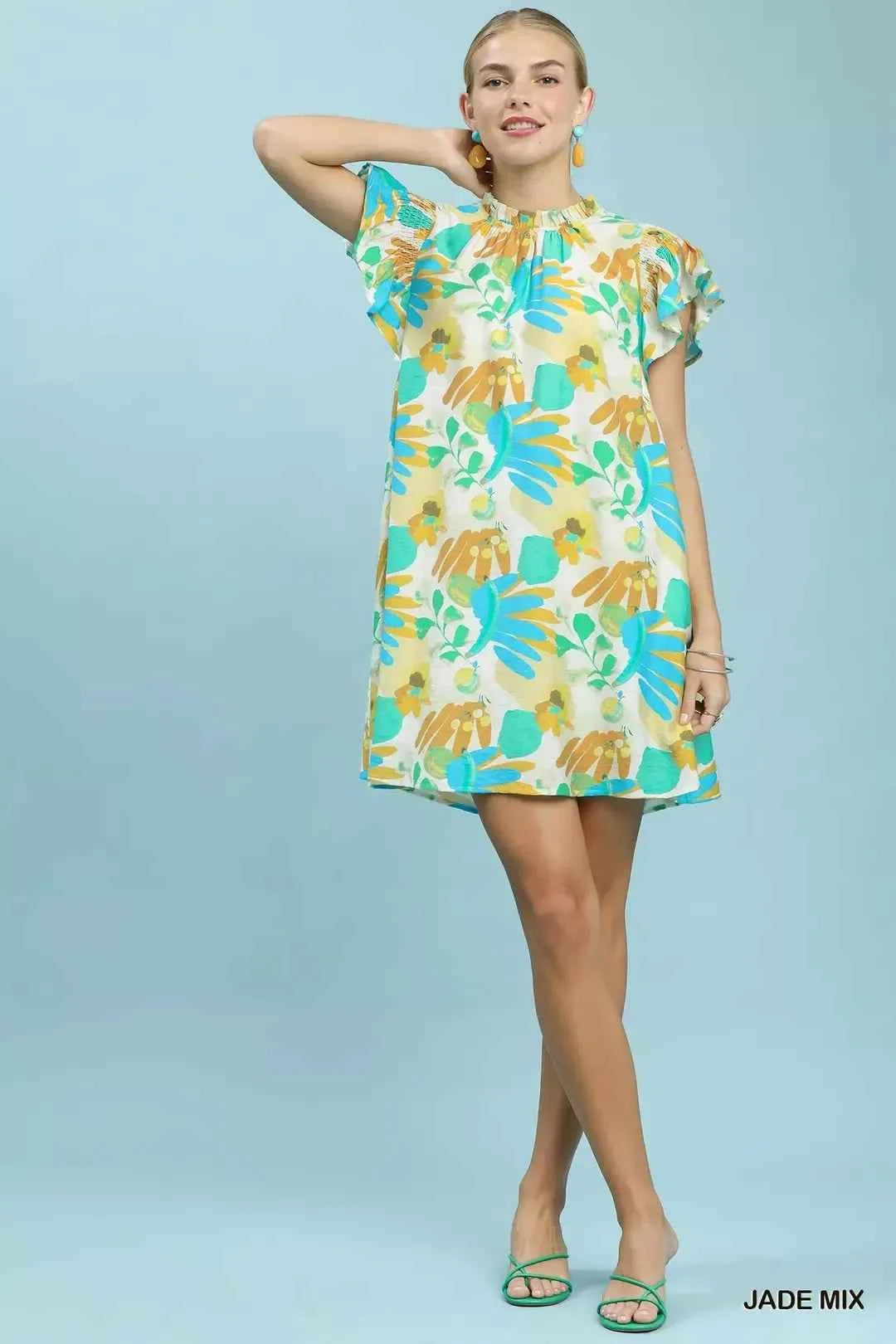 Umgee Ruffled Botanical Print Mini Dress