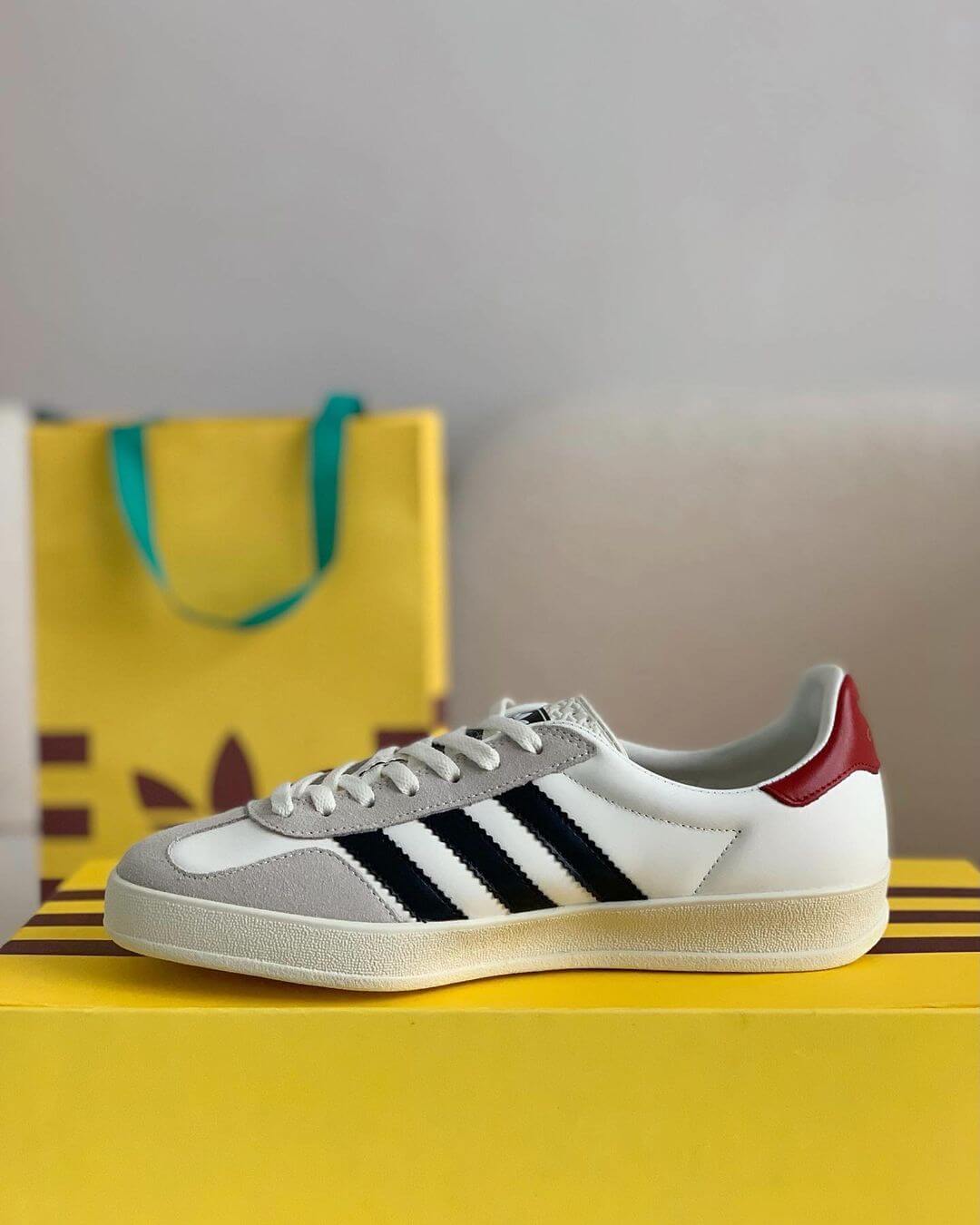 Adidas x Gucci Gazelle Sneaker in White with Black Stripes and Red Heel Tab CUSTOM