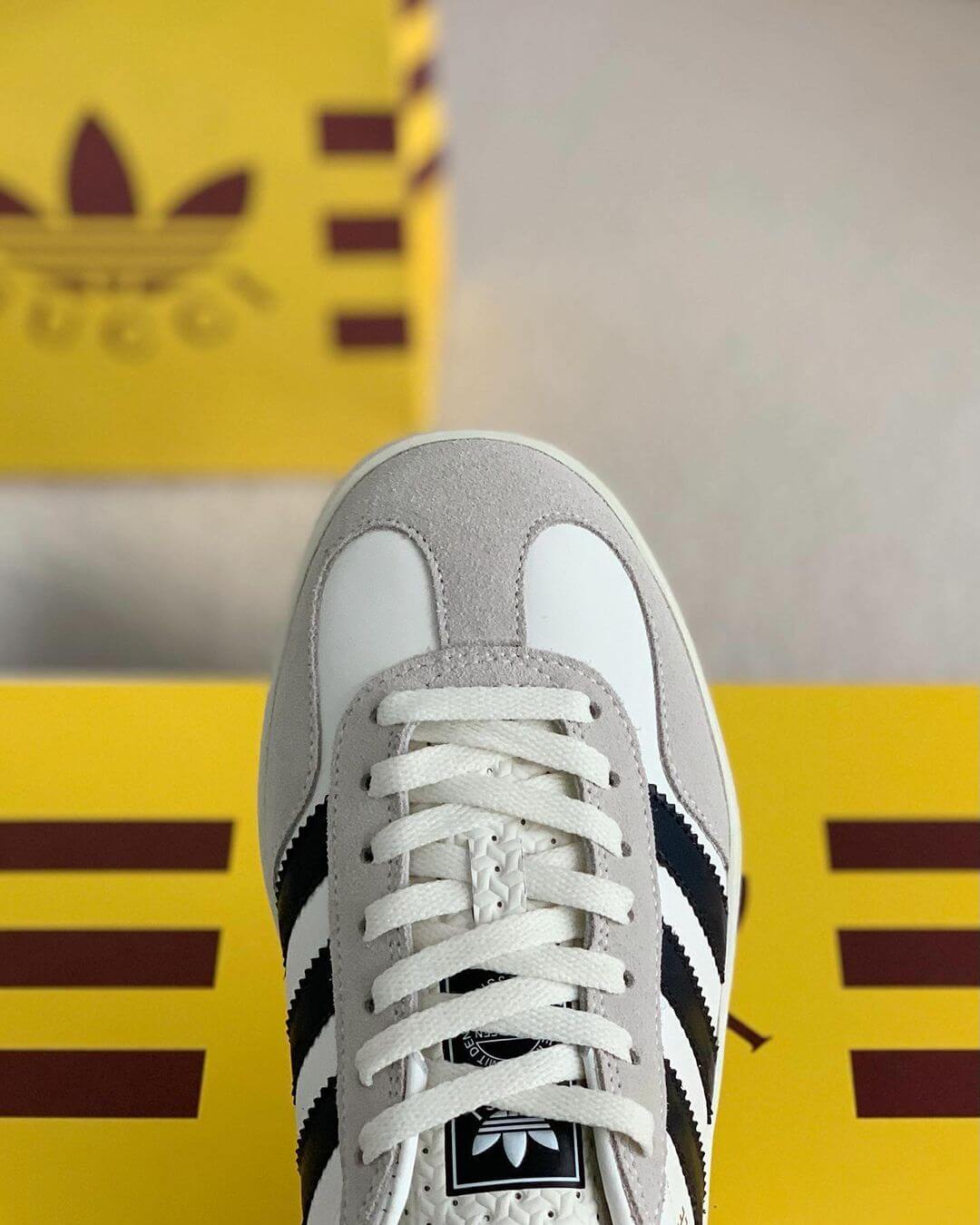 Adidas x Gucci Gazelle Sneaker in White with Black Stripes and Red Heel Tab CUSTOM