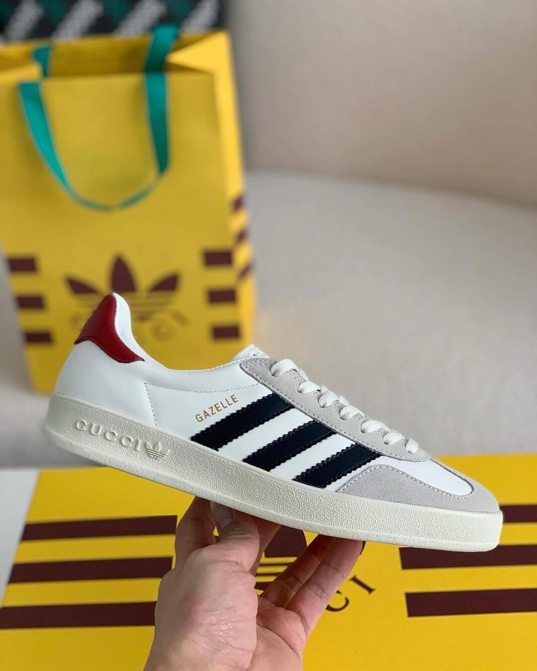 Adidas x Gucci Gazelle Sneaker in White with Black Stripes and Red Heel Tab CUSTOM