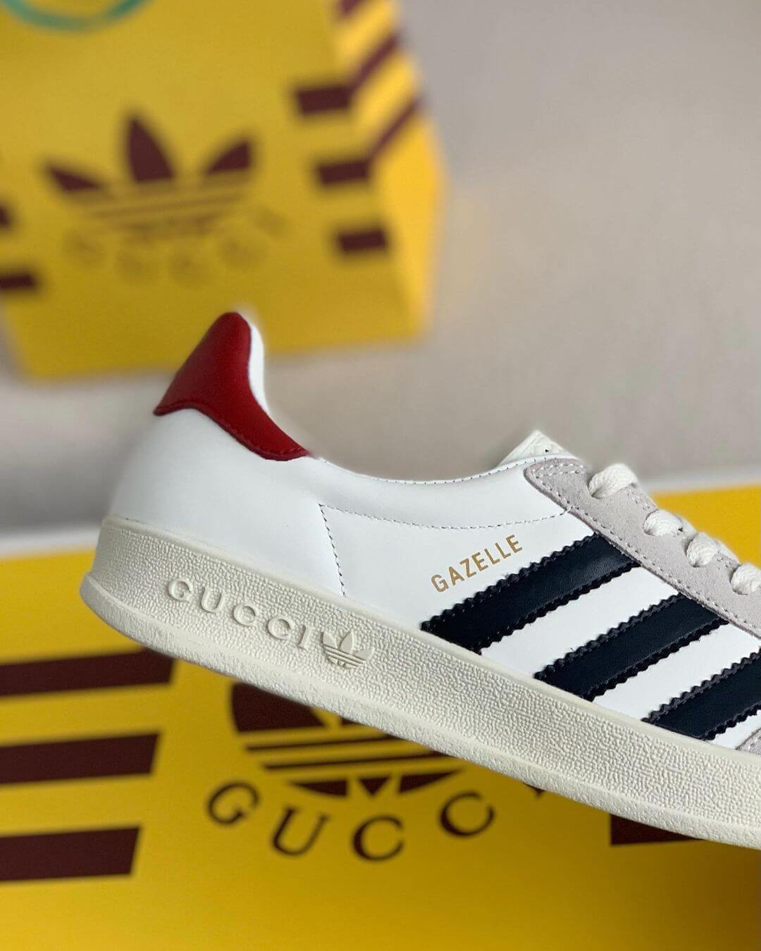 Adidas x Gucci Gazelle Sneaker in White with Black Stripes and Red Heel Tab CUSTOM