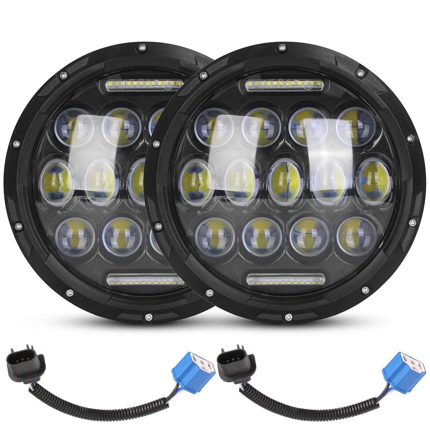 2Pcs 7In 75W Round LED Headlight 3500LM Halo Car Headlamp with DRL High Low Beam for Jeep Wrangler TJ JK CJ with H4 to H13 Adapters Plug and Play