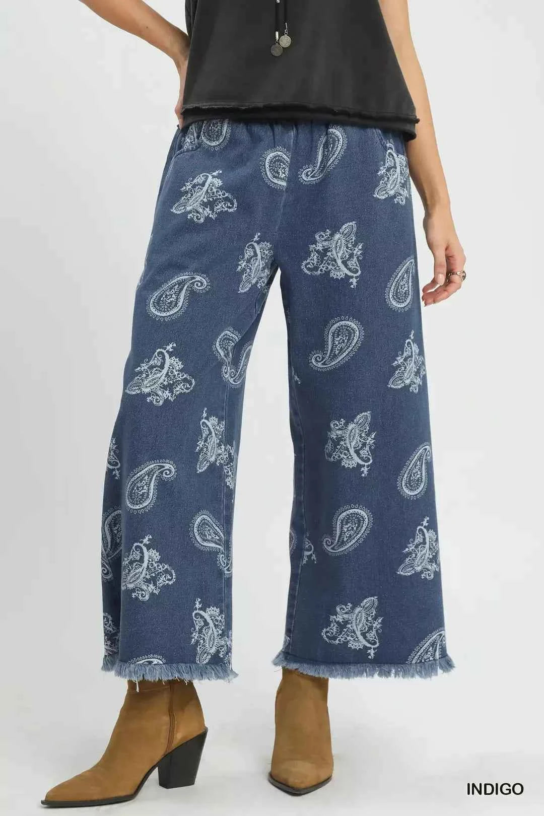 Umgee Denim Paisley Wide-Leg Pants
