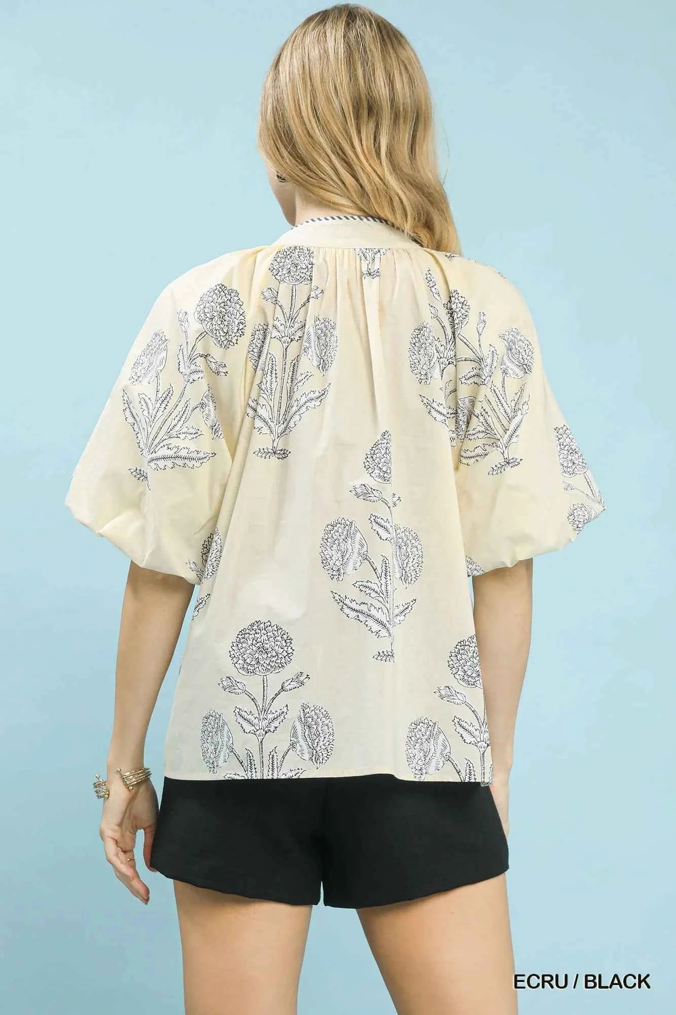 Umgee Floral Print V-Neck Top