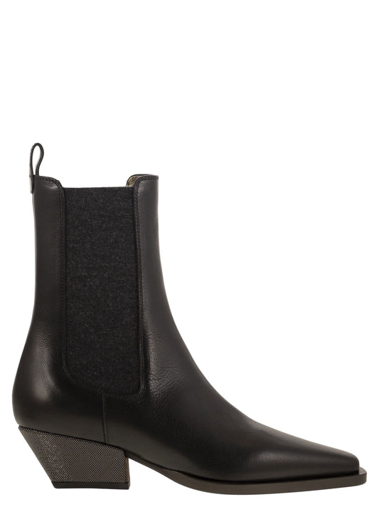Brunello Cucinelli Women Classic Leather Chelsea Boot With Precious Block Heels