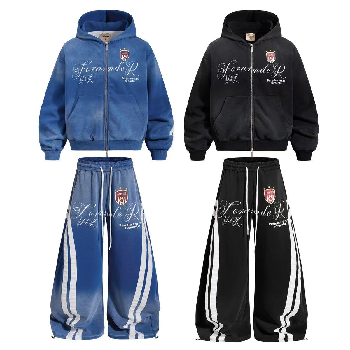 Vintage Washed Distressed Crest Embroidered Letter Print Zip Up Hoodie