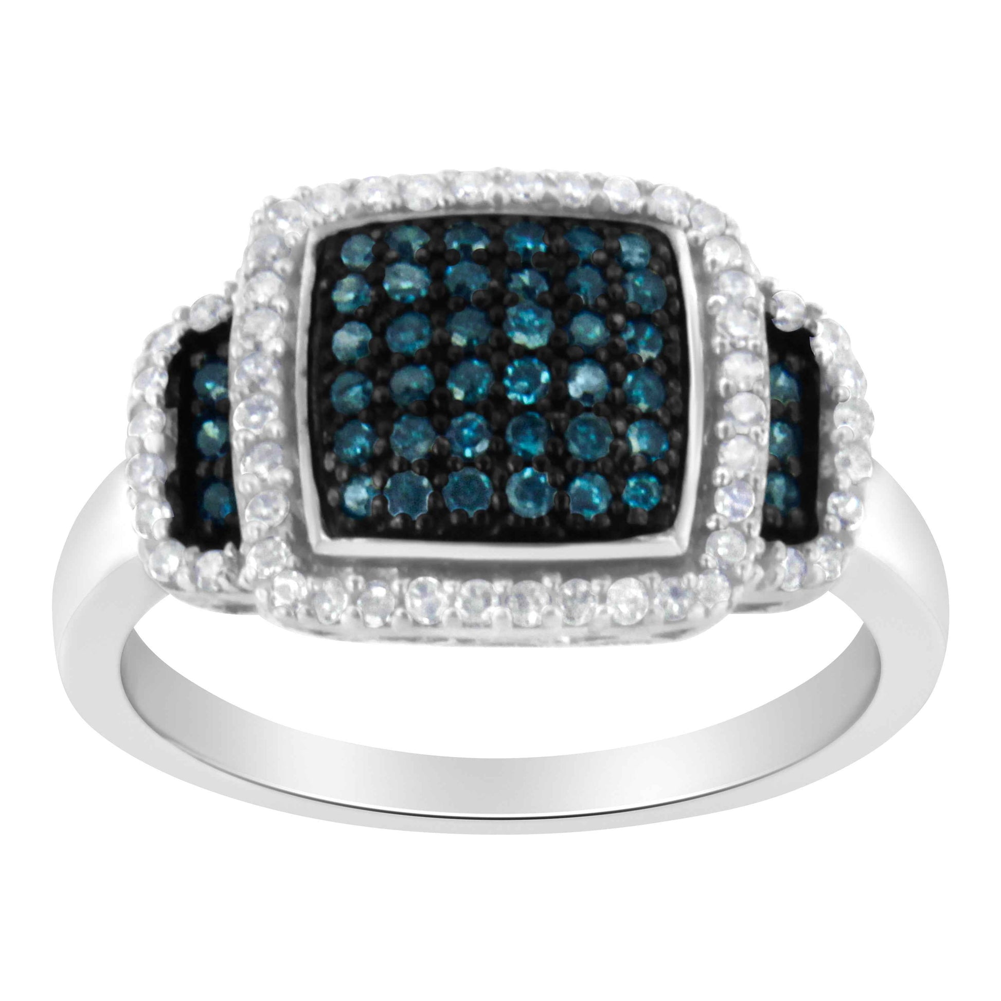Black Rhodium Plated .925 Sterling Silver 1/2 Cttw White & Blue Diamond Square Halo Cocktail Ring (Fancy Blue & H-I Color, I2-I3 Clarity) - SIze 6