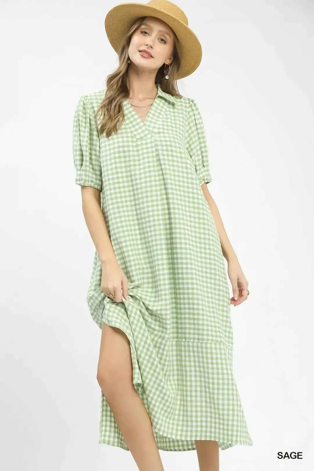 Umgee Gingham Midi Dress with Side Pockets
