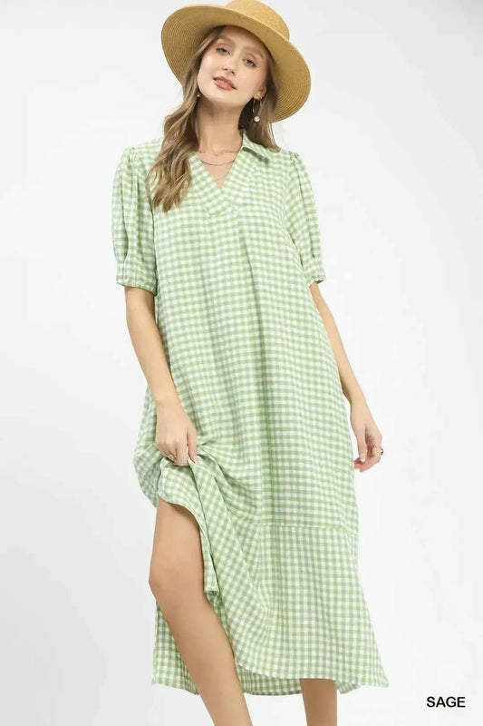 Umgee Gingham Midi Dress with Side Pockets