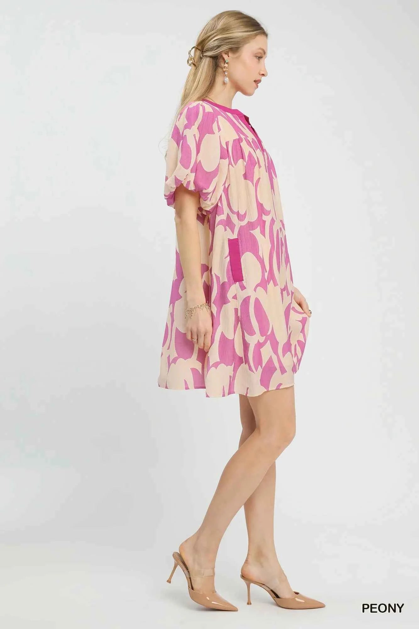 Umgee Abstract Print Puff Sleeve Shift Dress