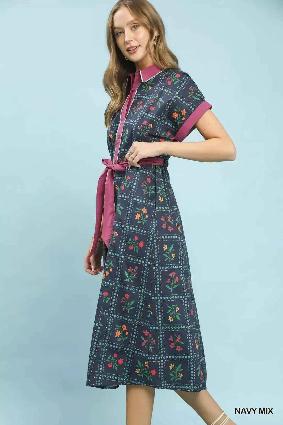 Umgee Mix Floral Button-Front Midi Dress