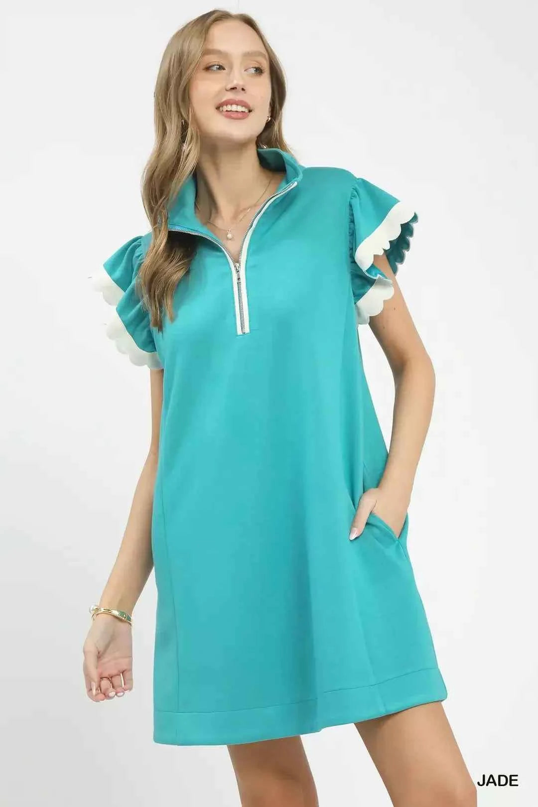 Umgee Zip-Neck Flutter Sleeve Dress