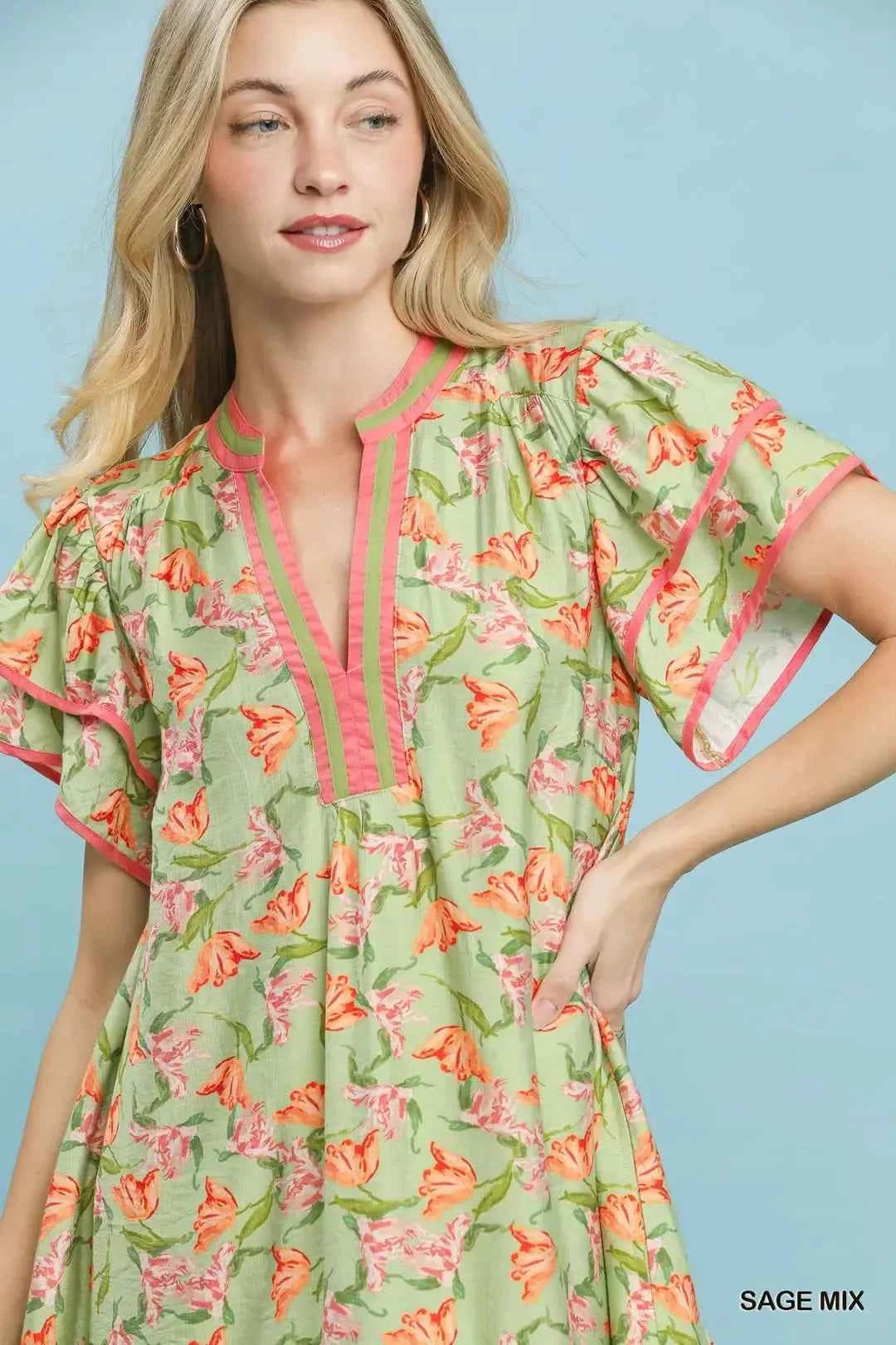 Umgee Floral Flutter Sleeve Tiered Dress