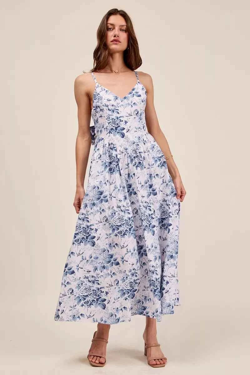 SO ME Floral Woven V Neck Dress With Back Ribbon Tie