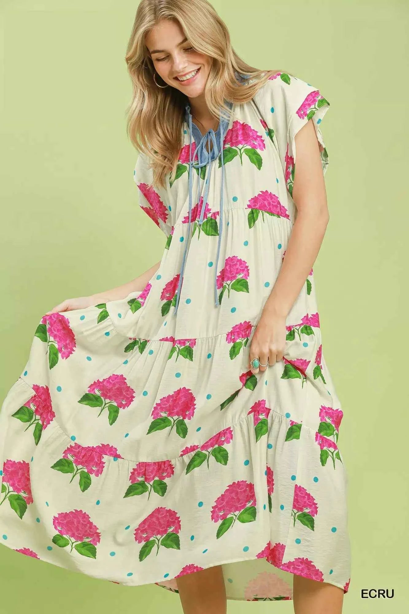 Umgee Hydrangea Print Tiered Midi Dress