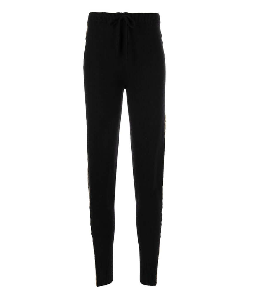Black Cashmere Sweat Pants W/ Gold Laminated Bands - JUSTLUXURY