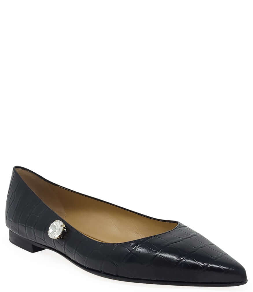 Black Leather Croc Print Flat Pointy Ballet - JUSTLUXURY