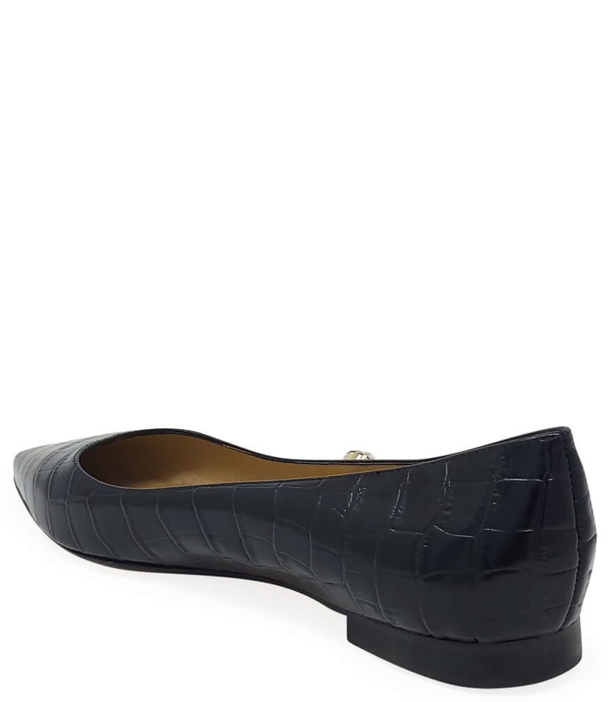 Black Leather Croc Print Flat Pointy Ballet - JUSTLUXURY