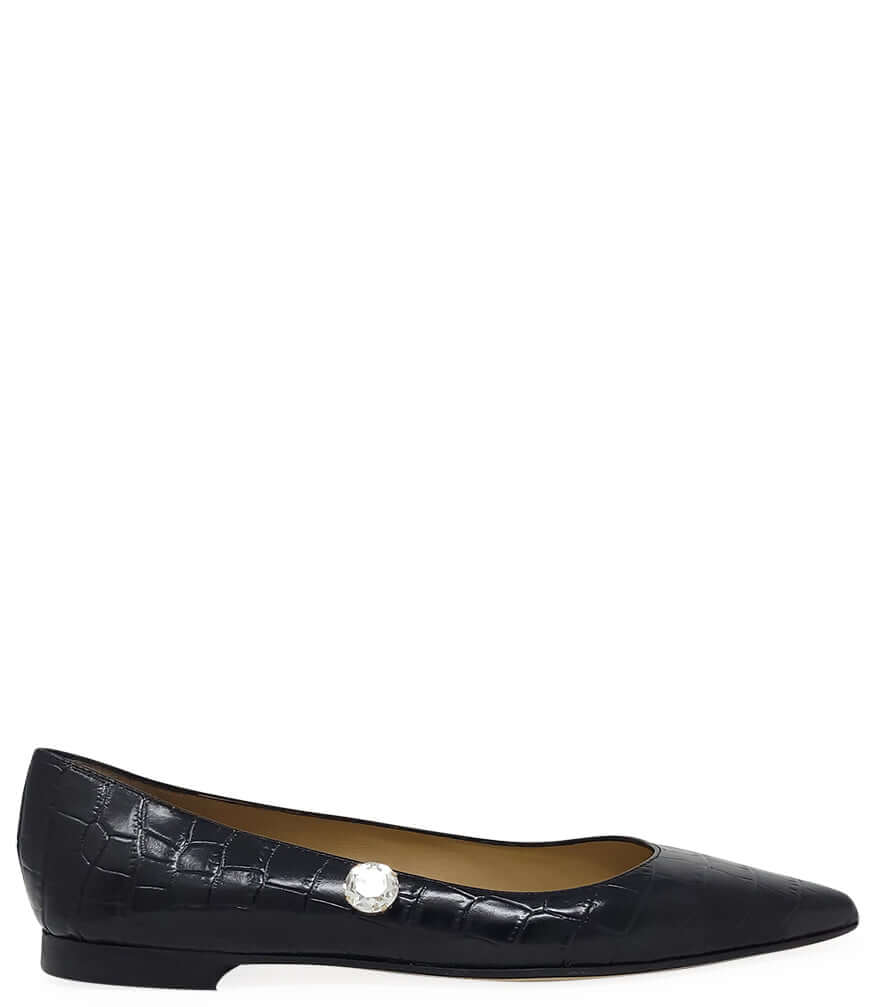 Black Leather Croc Print Flat Pointy Ballet - JUSTLUXURY