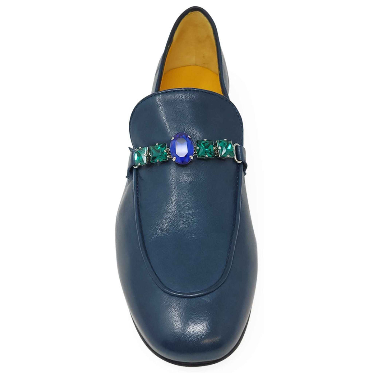 Blue Leather Flat Jeweled Loafer