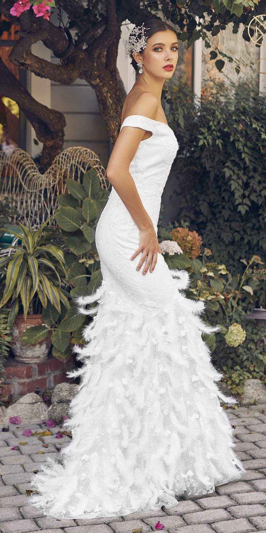 Nox Anabel C1106W Long Mermaid Off the Shoulder Gown with Feathers