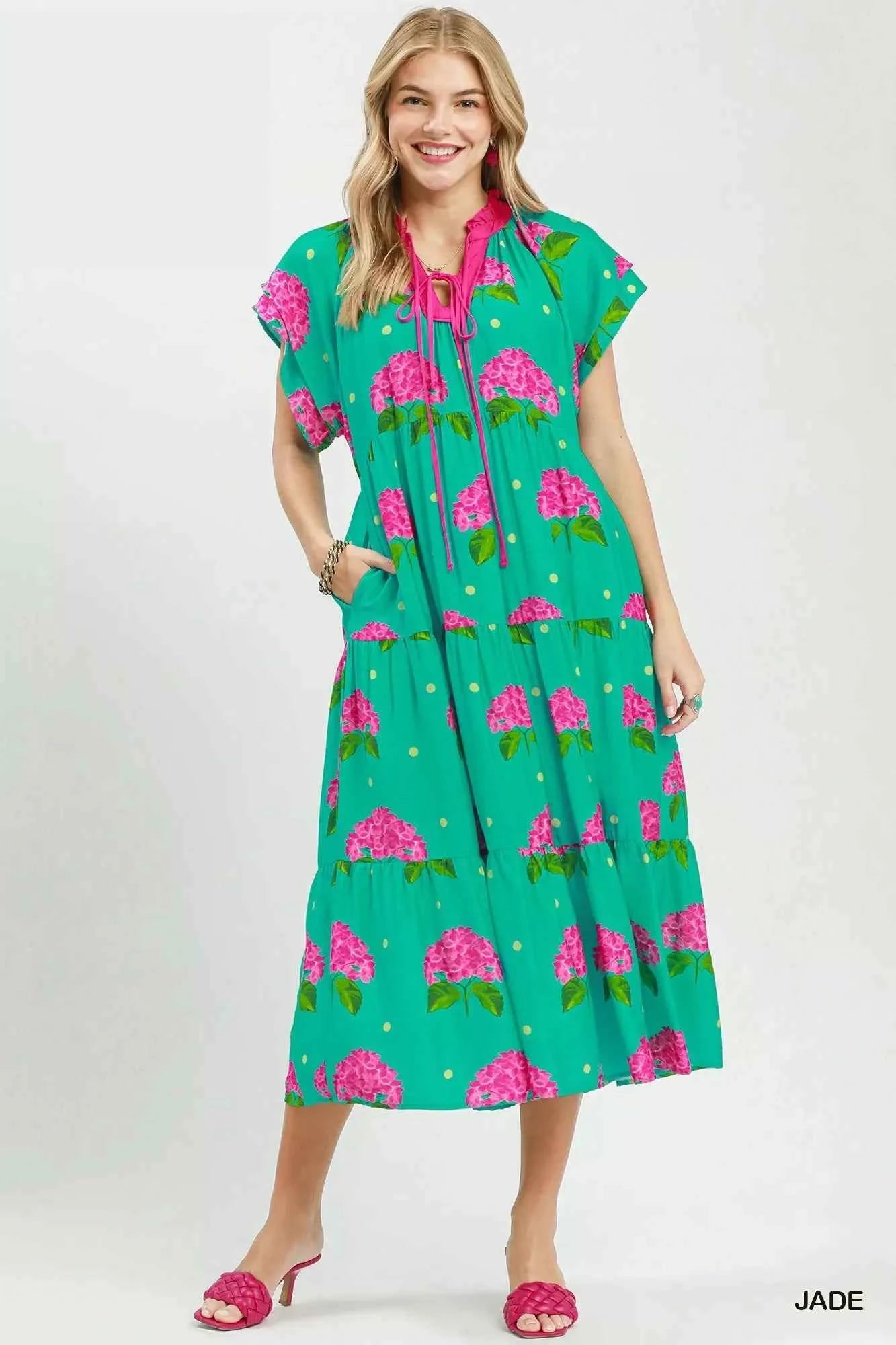 Umgee Hydrangea Print Tiered Midi Dress