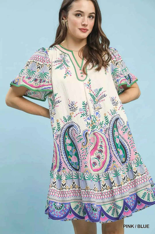 Umgee Paisley Flutter Sleeve Mini Dress