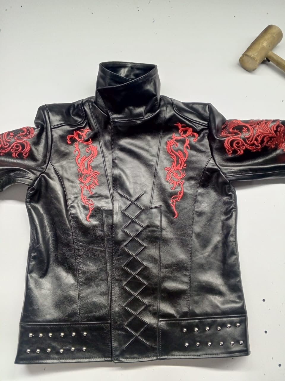 Men's Gothic Dragon Black Leather Jacket with Red Embroidery