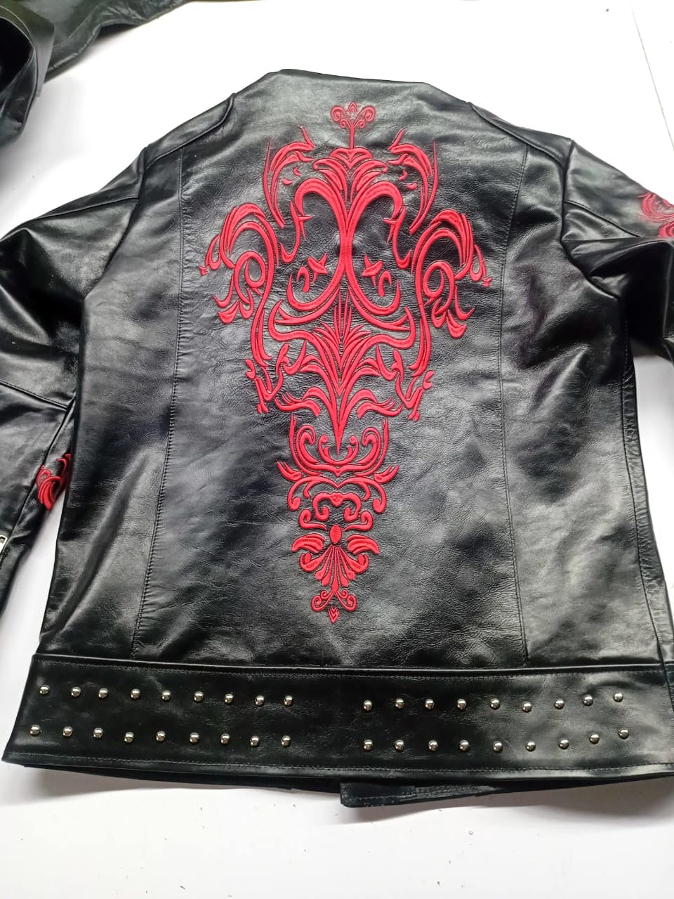 Men's Gothic Dragon Black Leather Jacket with Red Embroidery