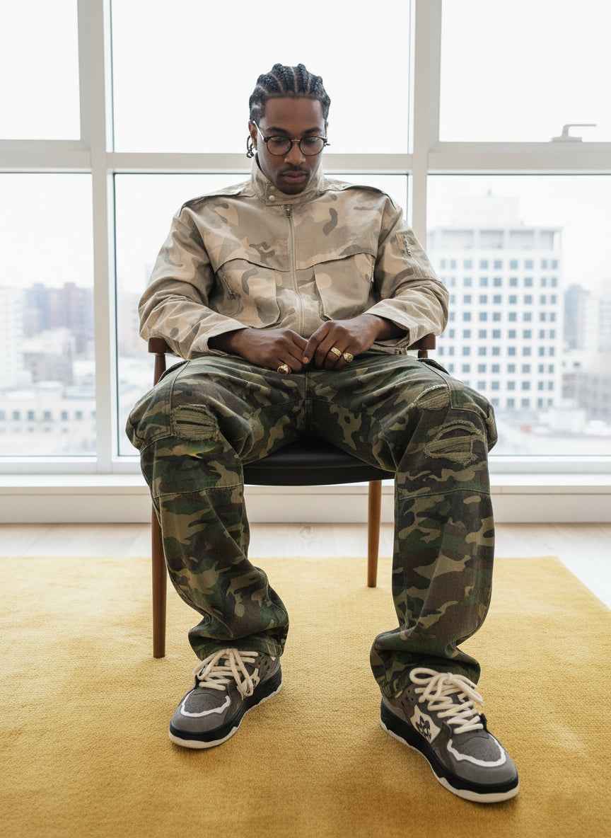 Woven Ripped Camouflage Flared Cargo Pants - 2410