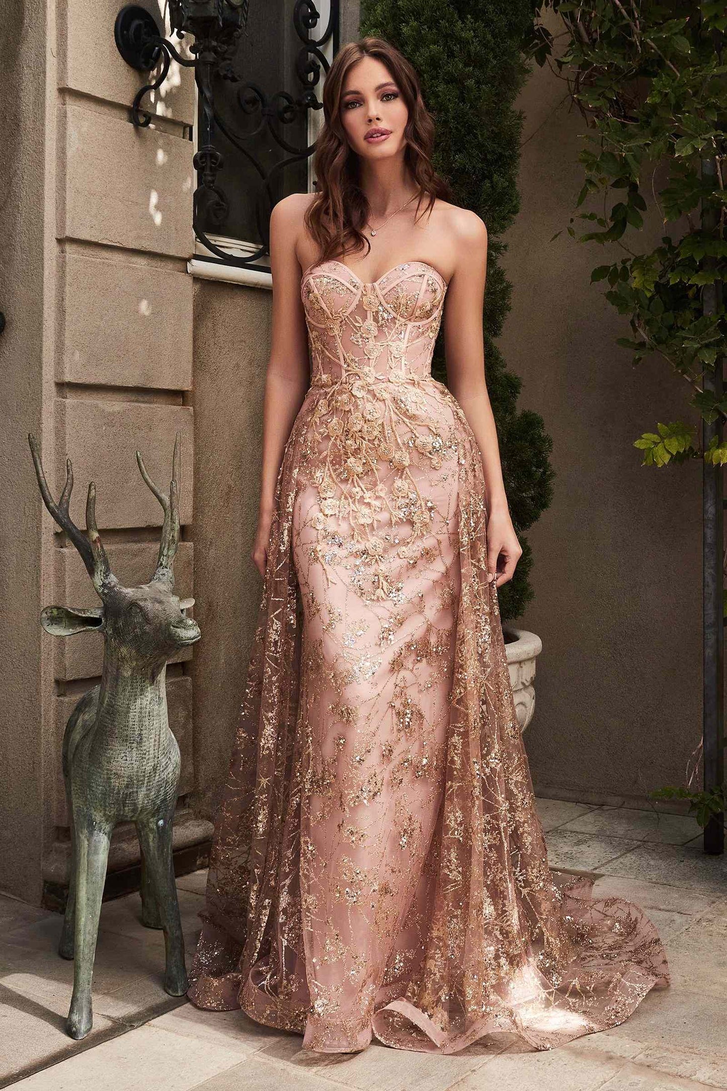 Ladivine CB046 Strapless Fitted Gown Floral Applique And Glitter Tulle Overskirt