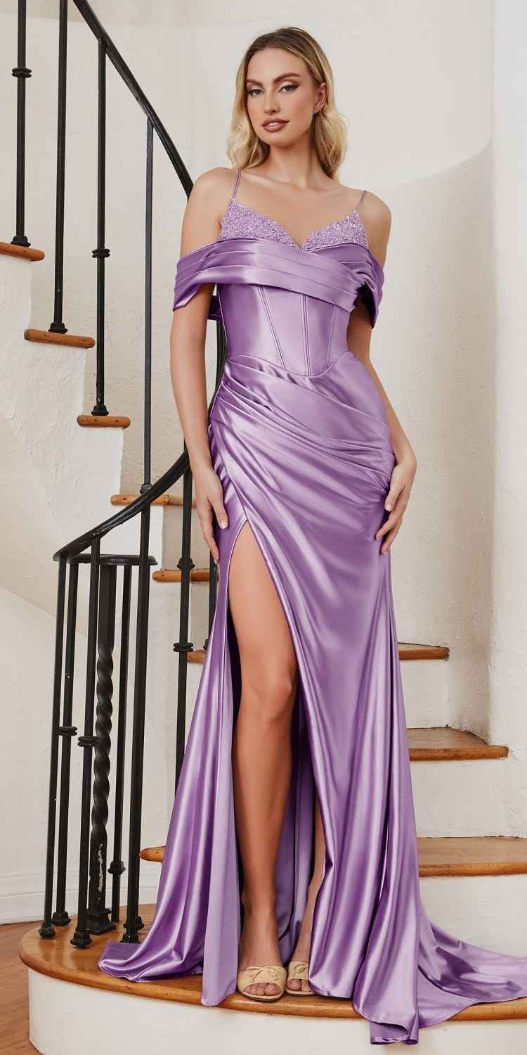 Cinderella Divine CC2197 Long Fitted Soft Satin Bustier Gown Cold Shoulder