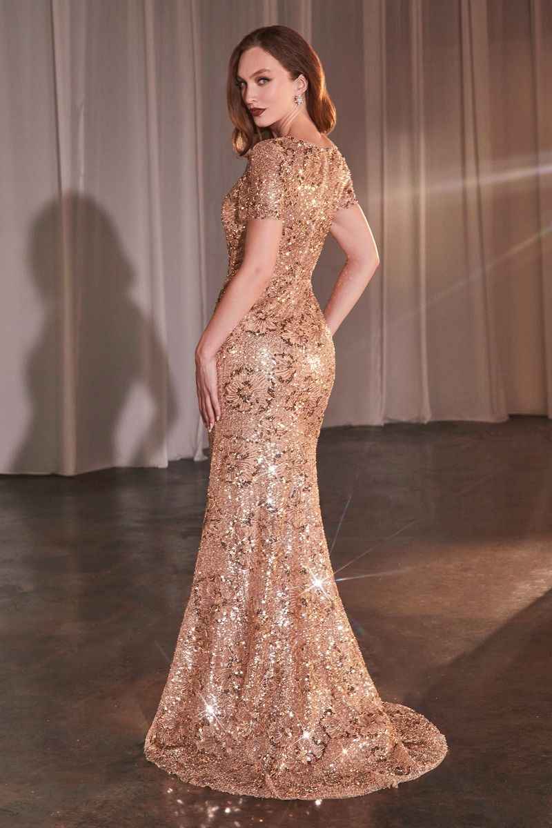 Ladivine CC3700 Rose Gold Floral Motif Sequin Fit and Flare Dress