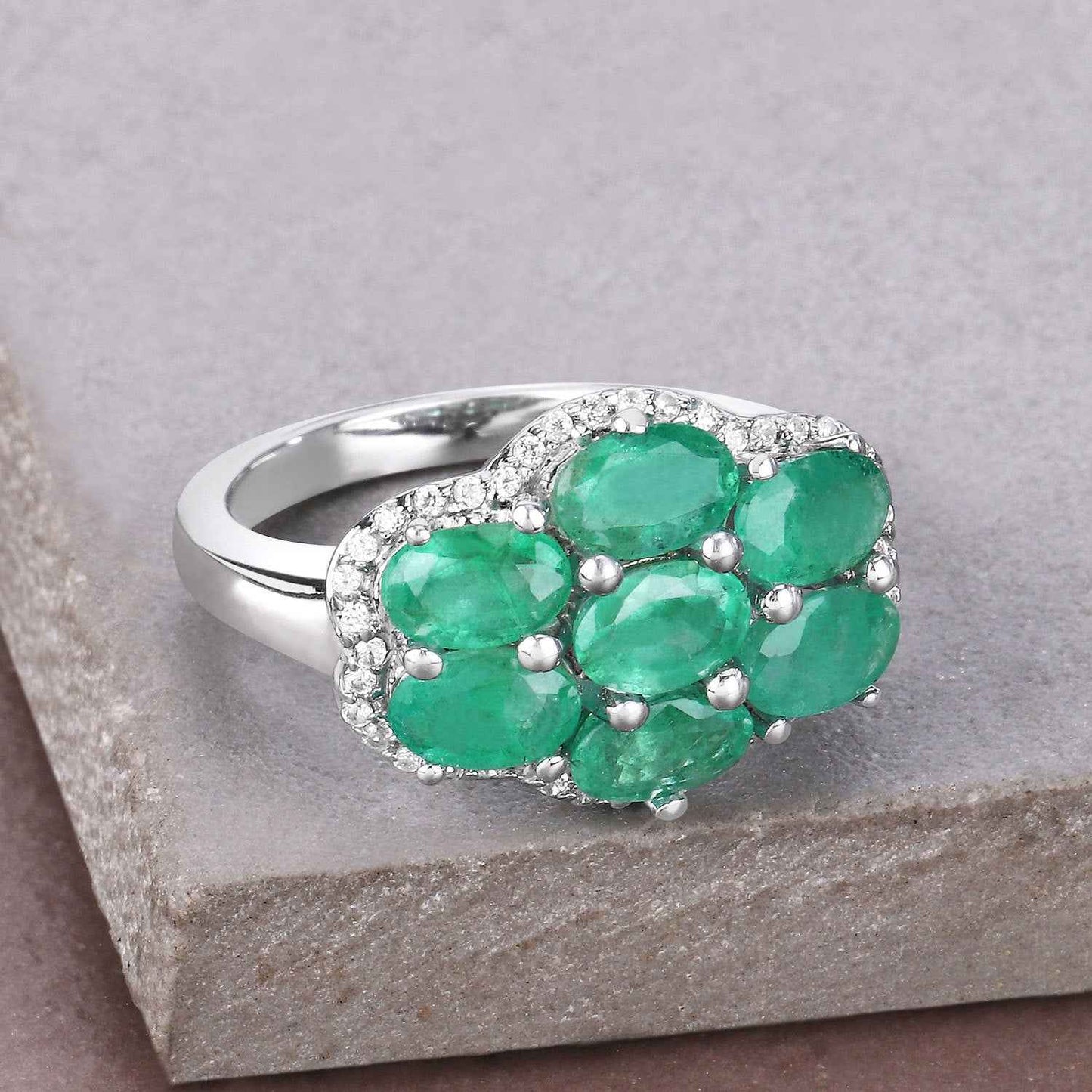 3.33 Carat Genuine Zambian Emerald and White Zircon .925 Sterling Silver Ring