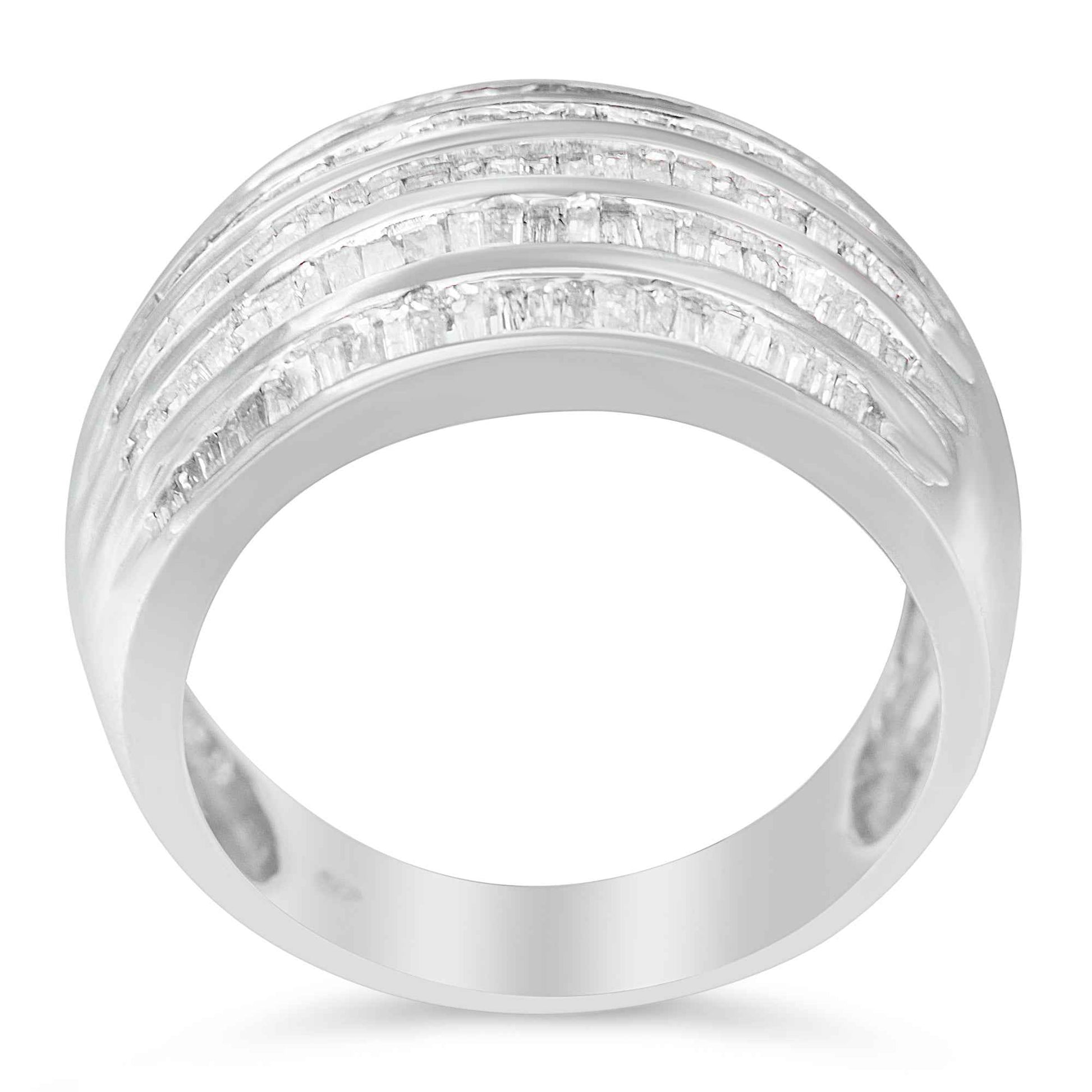 .925 Sterling Silver 1.0 Cttw Baguette-Cut Diamond 6-Row Channel Set Domed Tapered Cocktail Fashion Ring (H-I Color, I2-I3 Clarity) - Size 6-1/2