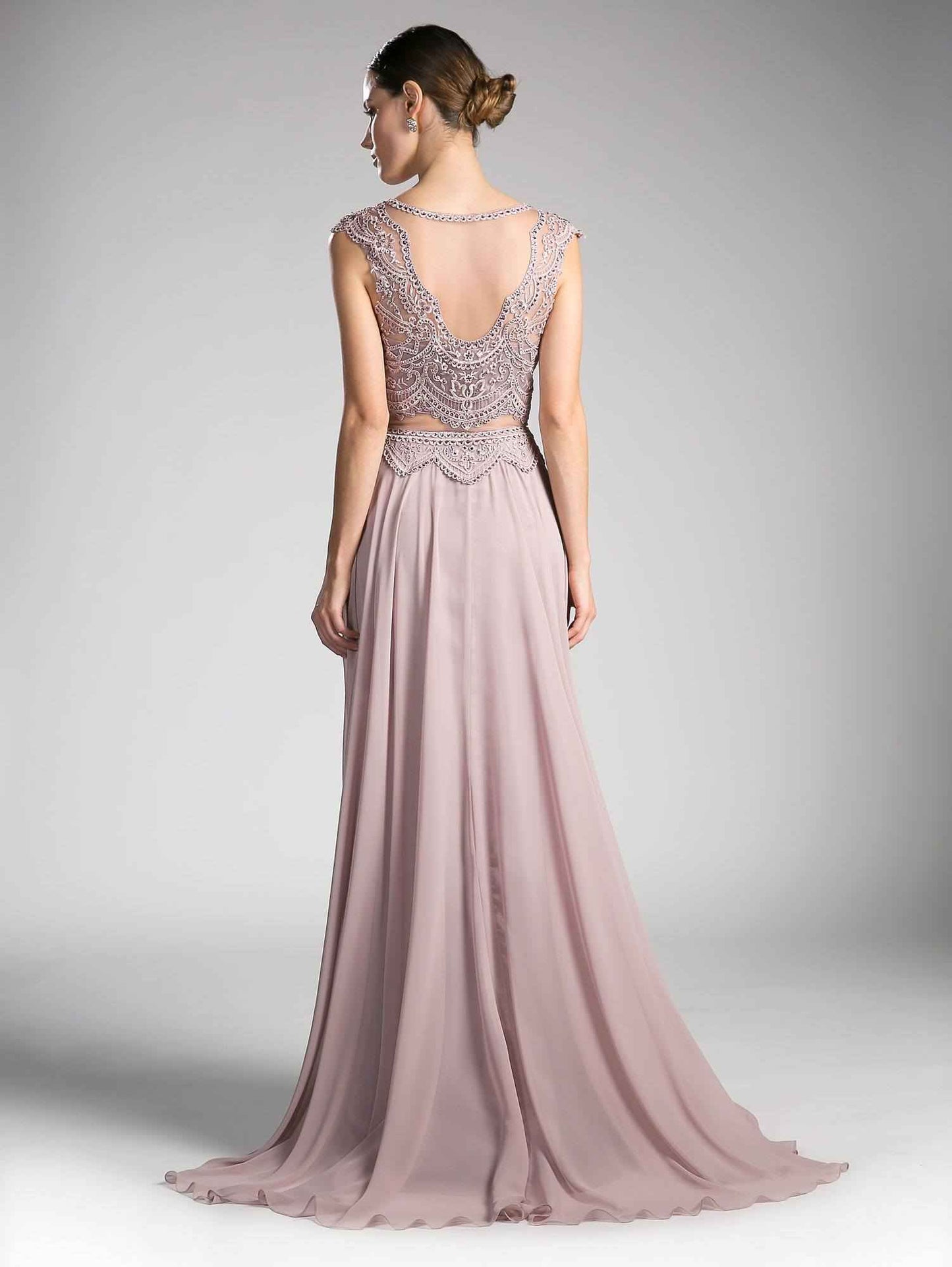 Cinderella Divine CD0113 Illusion Beaded Formal Gown Cap Sleeves