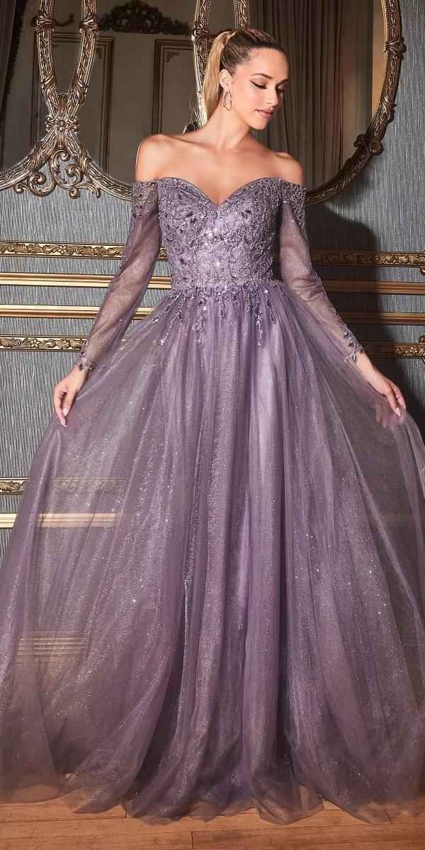 Cinderella Divine CD0172 A-Line Layered Tulle Gown Off The Shoulder Long Sleeve