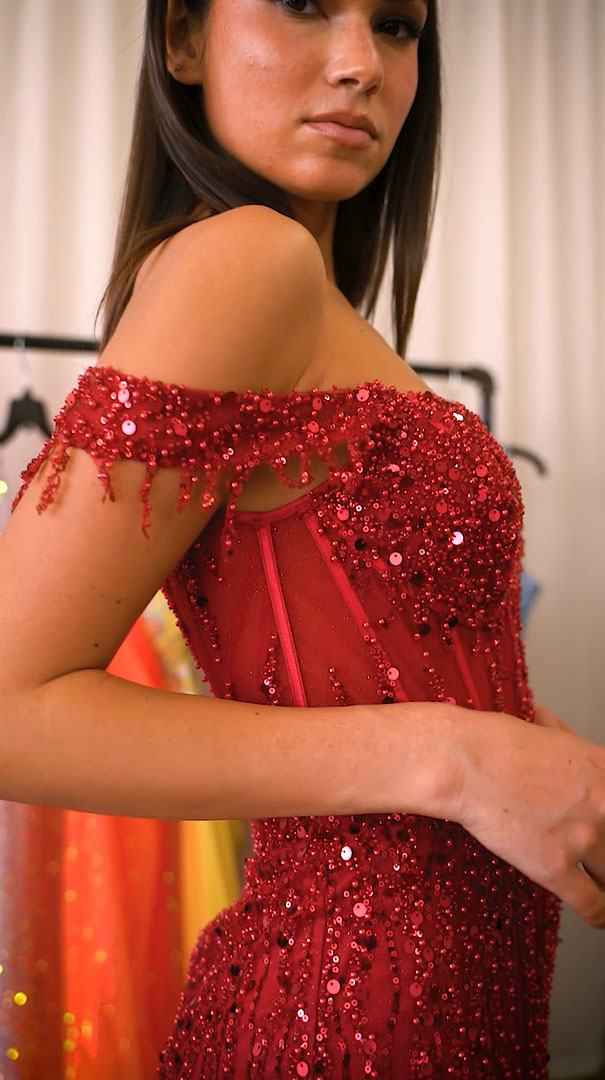 Ladivine CD0203 Long Off the Shoulder Sequin Gown with Slit