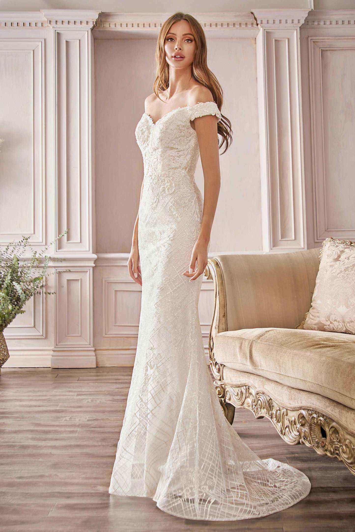 Cinderella Divine CD929 Fitted Off The Shoulder Bridal Gown Floral Lace Applique