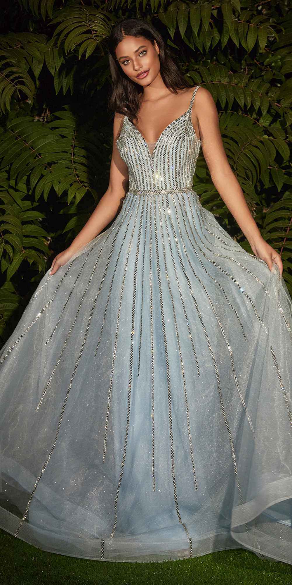 Cinderella Divine CD940 Stunning A-Line Ball Gown Glitter Tulle Long V-back